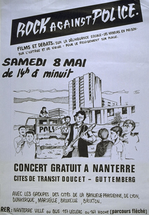 Rock against Police
Cette affiche annonce un concert Rock against Police (RAP) organisé le 8 mai 1982 à la cité de transit Doucet-Gutenberg de Nanterre, événement culturel gratuit pour dénoncer notamment le racisme anti-immigré au sein de la police,...