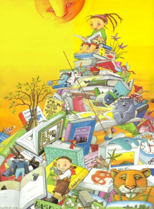 Una montaña de libros para disfrutar de la lectura. ¿Dónde? En la biblioteca! (ilustración de Maria Espluga Solé)