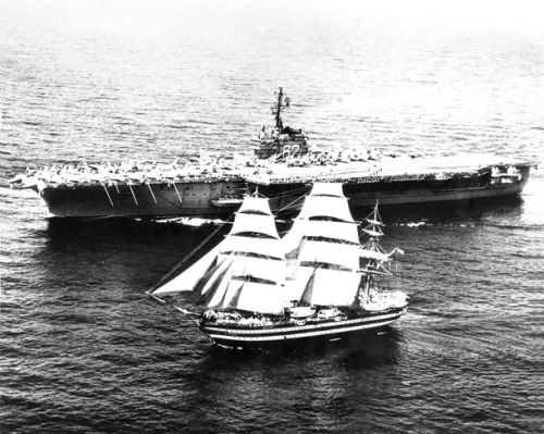 thehoneyedmoon:
“ uss-edsall:
“ While sailing in the Mediterranean sea, in 1962, the American aircraft carrier USS Independence (CV-62) flashed the Italian Amerigo Vespucci with light signal asking «Who are you?», the full rigged ship answered...