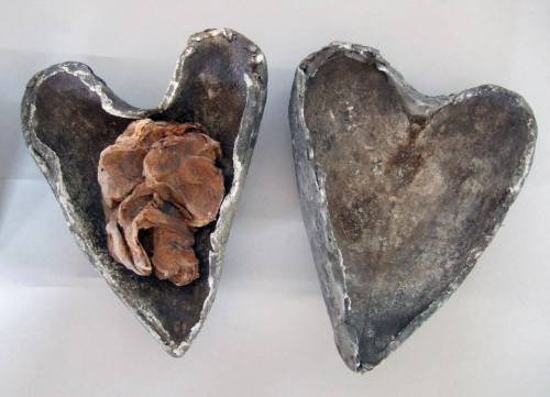 A preserved human heart in a leaden case, discovered in the medieval crypt of a church in Cork, Ireland and collected by General Pitt Rivers in the 1860s.