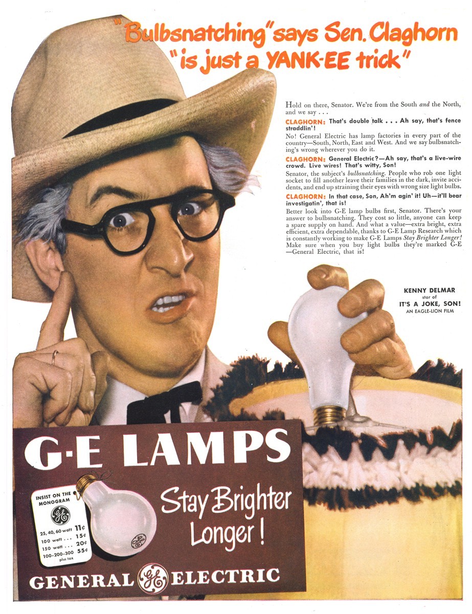 General Electric Lamps featuring Kenny Delmar - published in Life - April 14, 1947
