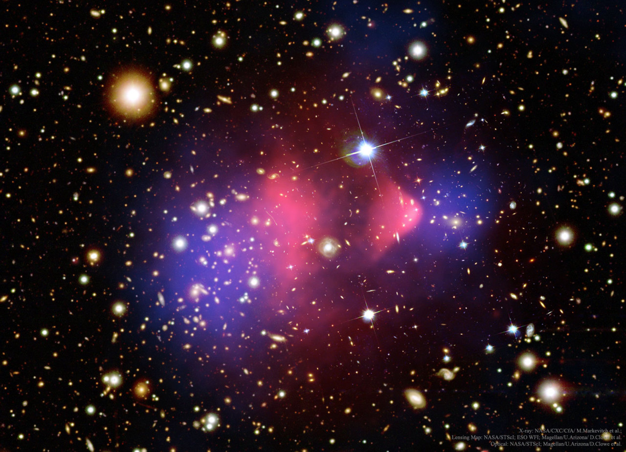 space-today:
“This massive cluster of galaxies (1E 0657-558) creates gravitational lens distortions of background galaxies in a way that has been interpreted as strong evidence for the leading theory: that dark matter exists within. Different recent...
