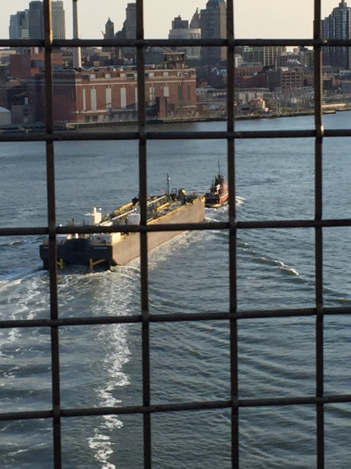 Walked over the Williamsburg bridge yesterday and spotted this life-affirming sight: a tugboat actually tugging a boat. Reminded me of the first time I saw a shooting star.