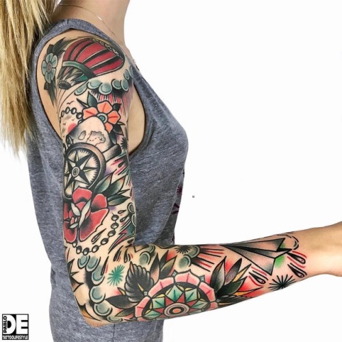 Tattoo tagged with: flower, trad, compass, rose, sleeve, origami, map,  mandala, airplane, balloon 