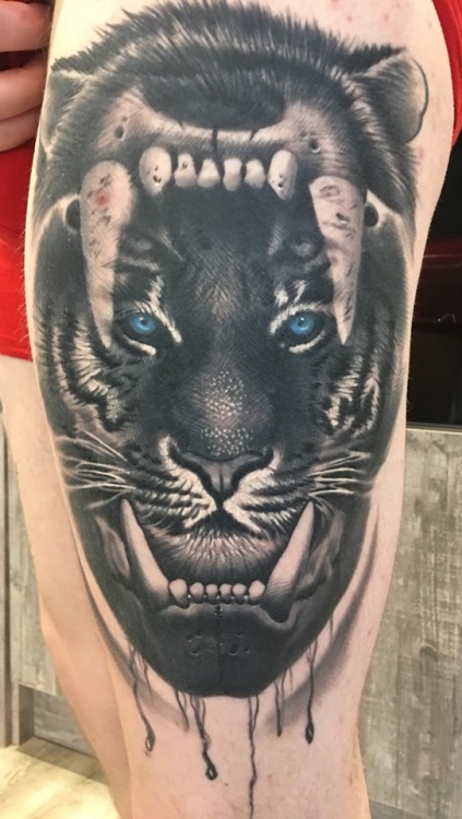 Tattoo tagged with: thigh, tiger, portrait 