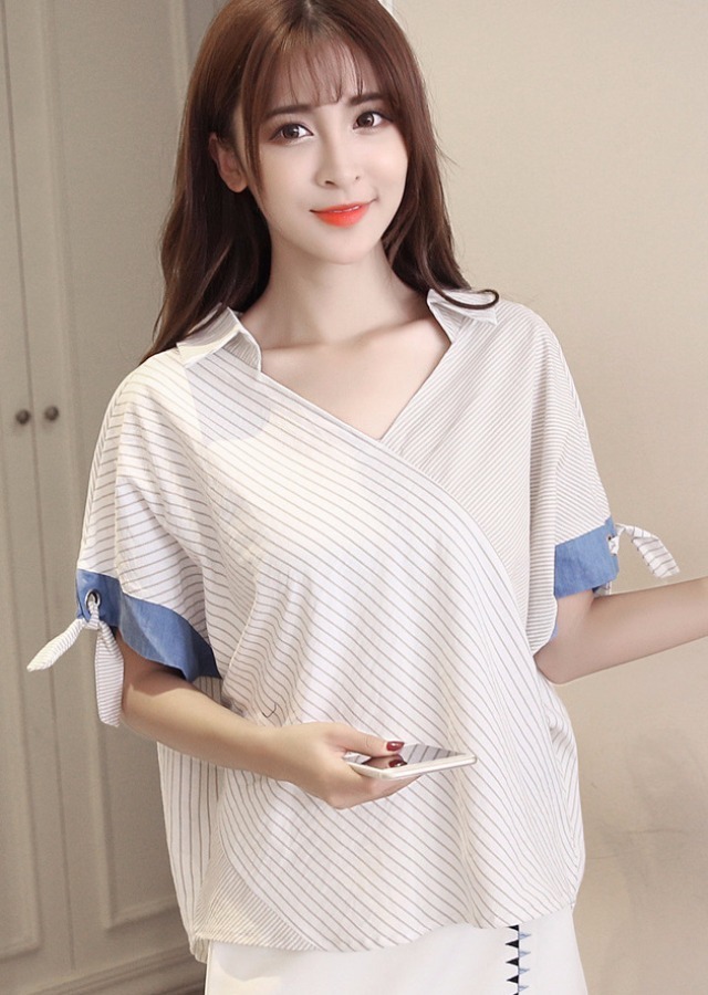 vertical striped shirt, v-neck, loose, short sleeve, new, korean version