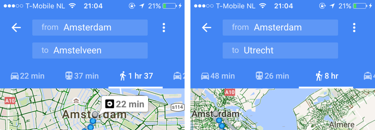 Google Maps for iOS – when the suggested walking route will take more than 5 hours, the ‘walking man’ icon gets a hiking stick and backpack.