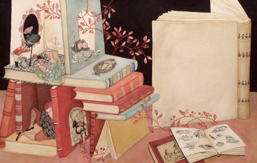 Escondida entre los libros. Me pierdo leyendo… (ilustración de Marjorie Pourchet)