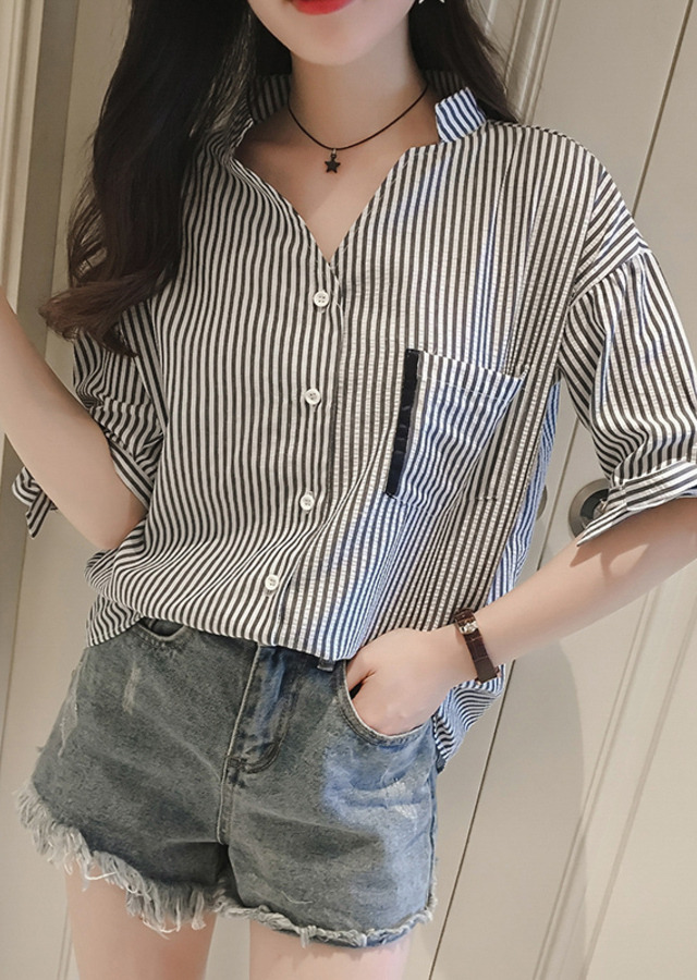 vertical striped shirt, han fan, v collar, bow, loose, short sleeve, the new