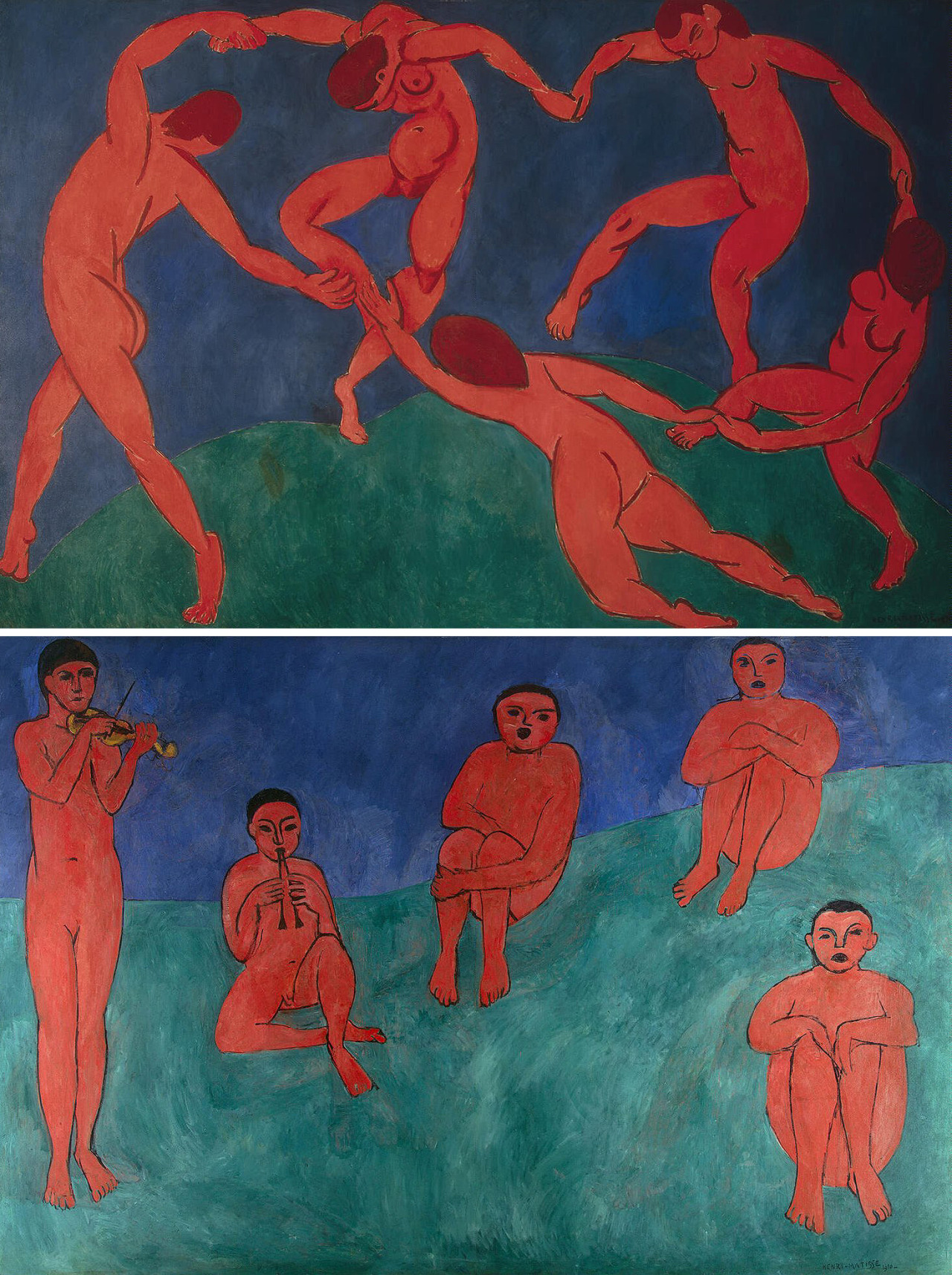 Henri Matisse - “La danza” y “La música (1909-1910, óleo sobre lienzo, 260x389 cm, Museo Hermitage, San Petersburgo)
Hoy os traigo dos cuadros por el precio de uno, y encima gigantescos. Son una pareja de lienzos pintados por Matisse para un...