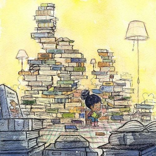 Libros, lecturas, lectora… (ilustración de Dan Tavis)