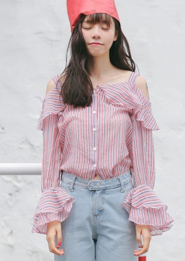 striped shirt, lotus leaf side strapless, sweet, loose, wild, korean version