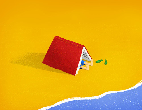 Reading in the beach / Leyendo en la playa (ilustración de Jérémie Decalf)