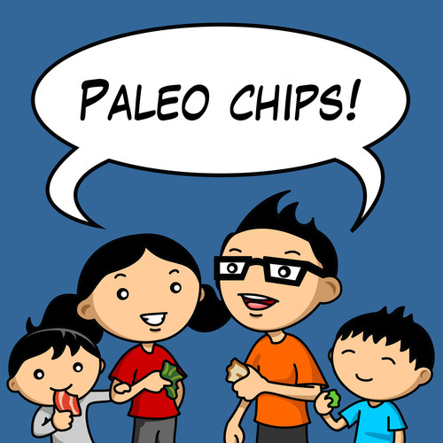 A cartoon image of a family of four with a speech bubble saying, "Paleo chips!"