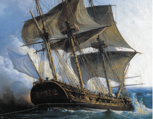 hms-surprise:
“An 18th century French frigate, very similar to the Hermione, in combat with the British. Painting by Gilbert Pierre Julien.”