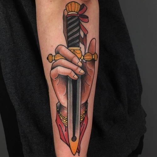 Tattoo tagged with: neotrad, dagger, handshake 