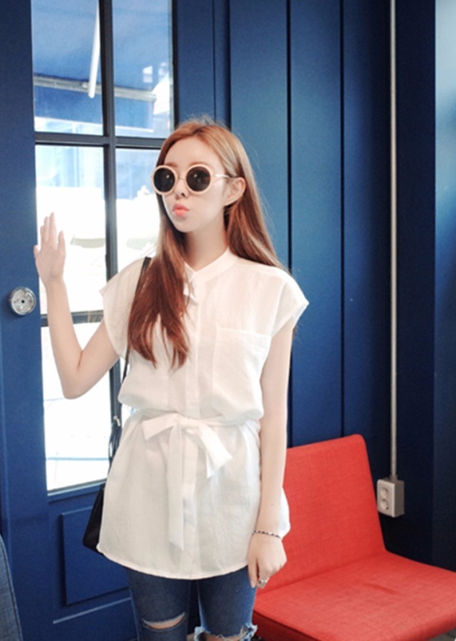 shirt, chiffon shirt, wild, short sleeve, temperament, in the long section, solid color, waist was thin, korean version