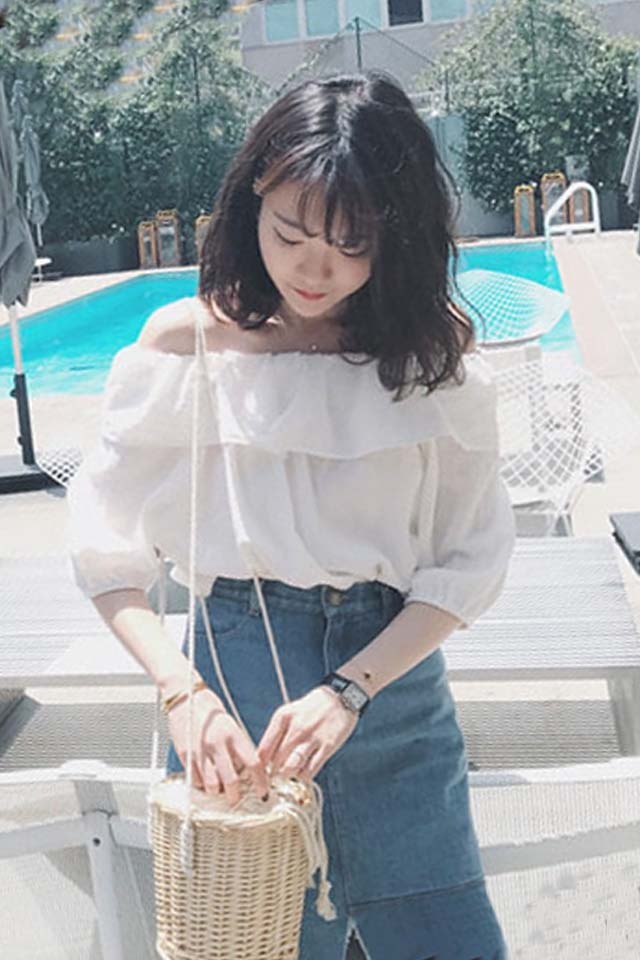 chiffon shirt, hollow, short sleeve, elastic, lace, solid color, korean version, summer