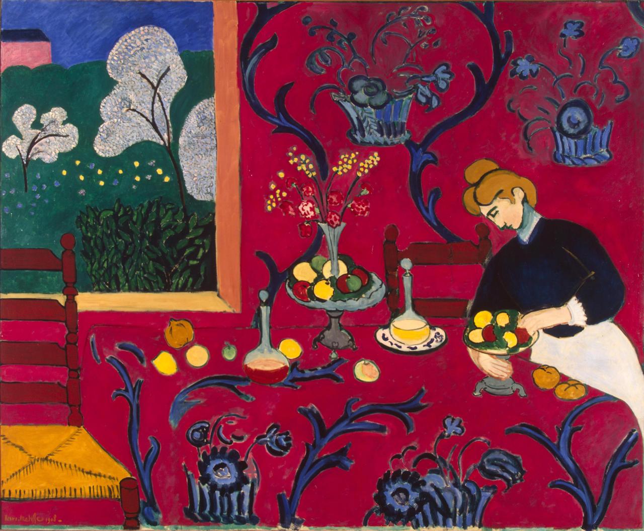 Henri Matisse - “La habitación roja (Armonía en rojo)” (1908, óleo sobre lienzo, 180 x 221 cm, Museo Hermitage, San Petersburgo)
En este enorme lienzo, una de las obras clave del Fauvismo, Matisse combinó tres géneros pictóricos en uno: bodegón,...