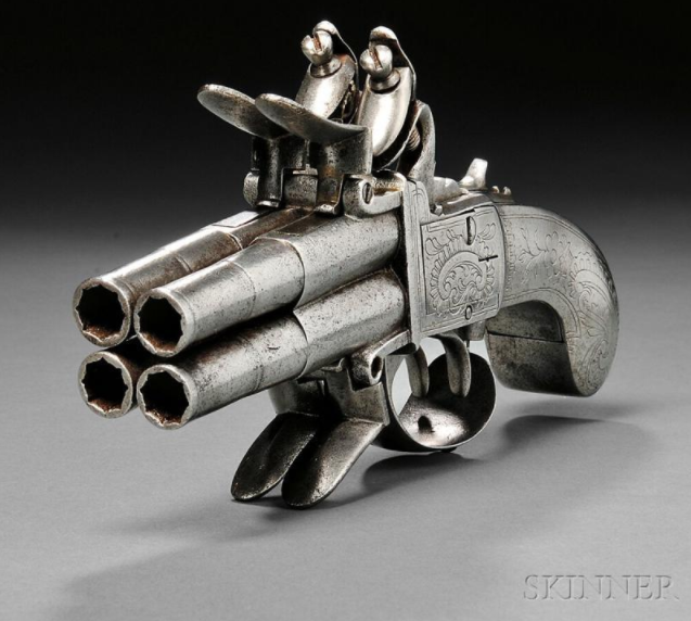 English four barrel flintlock tap action pistol, late 18th century.