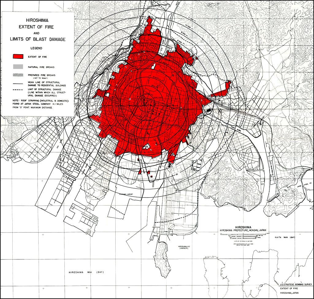 Mapa de la destrucción nuclear en Hiroshima