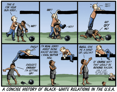 Title:  A Concise History of Black-White Relations in the U. S. A.  White guy says to black guy in chains, 