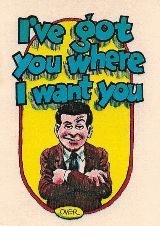 spicyhorror:<br />
“ I’ve got you where I want you - in the PALM of my HAND!<br />
Monster Greeting Card No.28 (Topps, 1965) art by Robert Crumb<br />
”