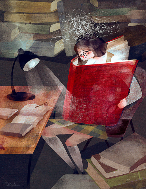 Vaya lío mental: toda la noche estudiando (ilustración de Dola Sun)