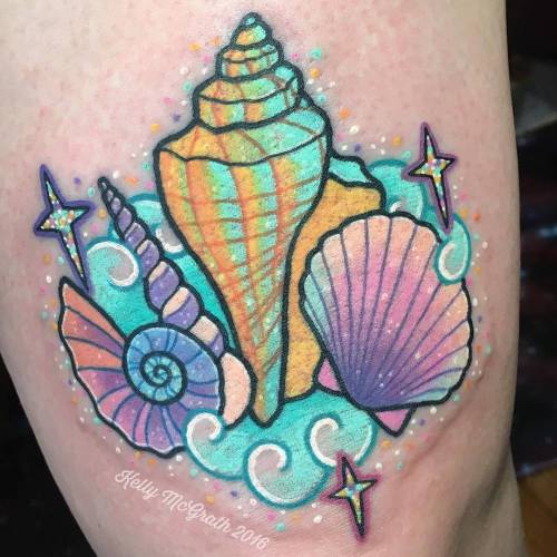 Tattoo tagged with: mollusc, shell, sea snail, black, animal, violet,  kellymcgrath, yellow, cartoon, thigh, pink, ammonite, tatuaje, ocean,  tatuajes, orange, medium size, kawaii, green 
