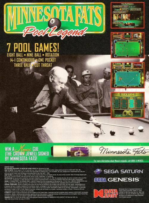 vgprintads:
“ ‘Minnesota Fats: Pool Legend’ [SAT / GEN] [USA] [MAGAZINE] [1995]
• Game Players, September 1995 (#75)
• Scanned by E-Day, via RetroMags
• Because I know what my followers like: autographed Meucci pool cues!
• And a nod to those who see...