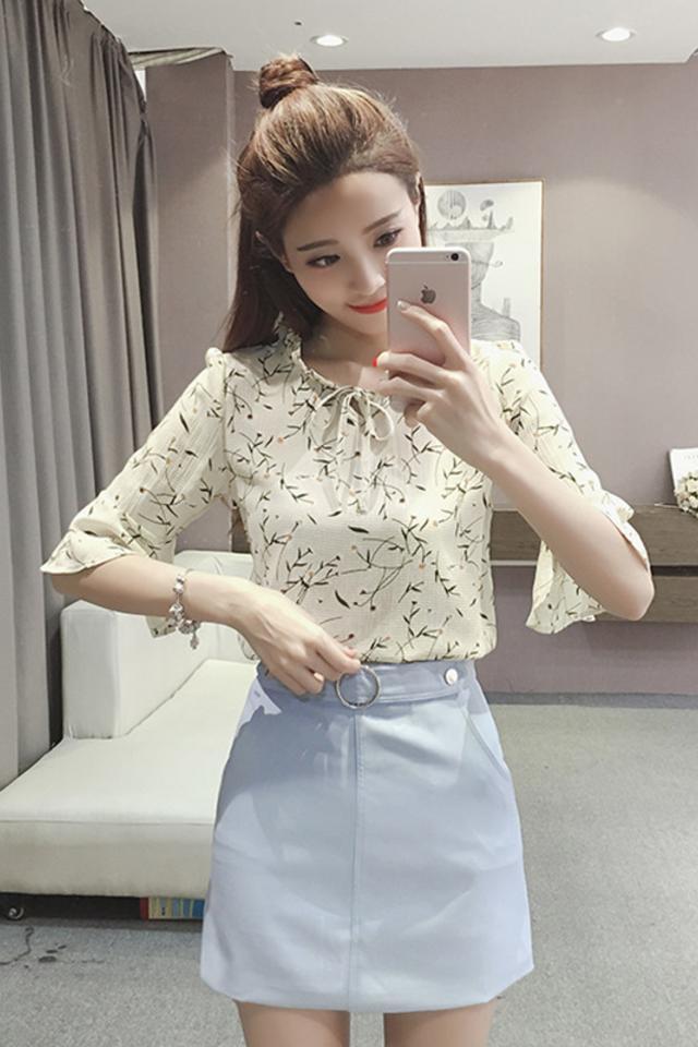 chiffon shirt, speaker sleeve, floral, wild, korean, spring and summer, the new