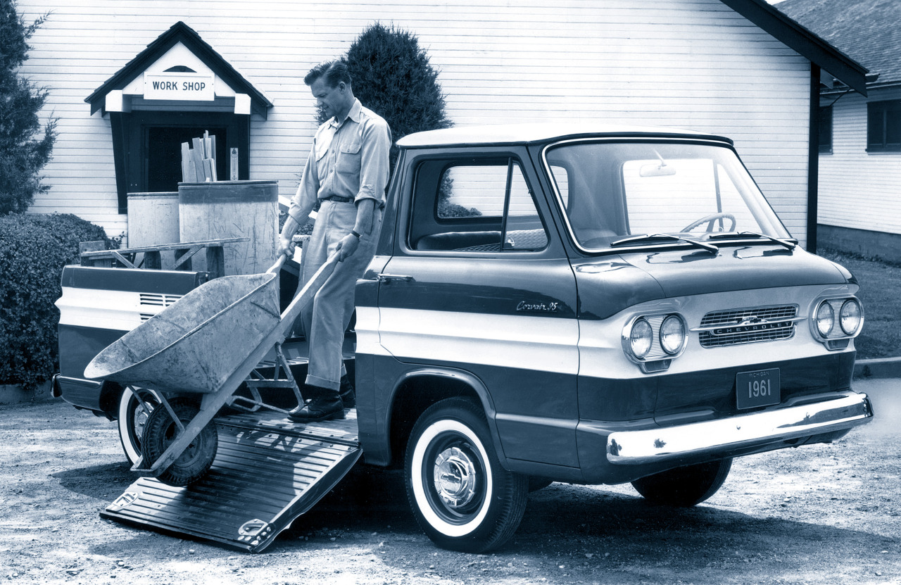 carsthatnevermadeit: “ Chevrolet Corvair 95 Rampside Pickup, 1961. A forward-control truck based on the mechanicals of the rear-engined Corvair. The Rampside pickup with a fold-down ramp on the passenger side to make loading easier. The Rampside...