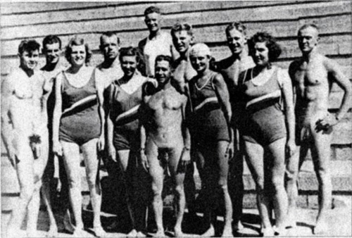 Today’s theme is team sports. High school swimming team, U.S. Midwest, likely early 1960’s. Yes, this is for real. For decades, high school male swimmers swam nude at meets, while the girls wore suits. In this rare photo, they posed together. The...