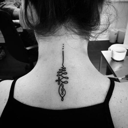 Tattoo tagged with: small, twitter, unalome, religious, alex bawn, back of  neck, facebook, buddhist, blackwork, upper back 