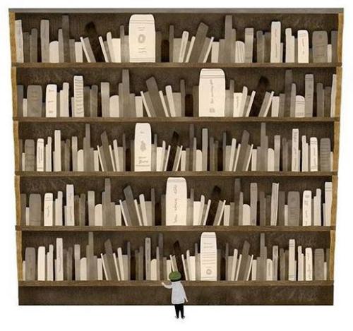 Díficil elección: muchos libros interesantes para elegir en la biblioteca (ilustración de autor desconocido)