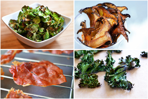 A collage of different types of Whole30-friendly chips: brussels sprouts chips, mushroom chips, prosciutto chips, and kale chips.