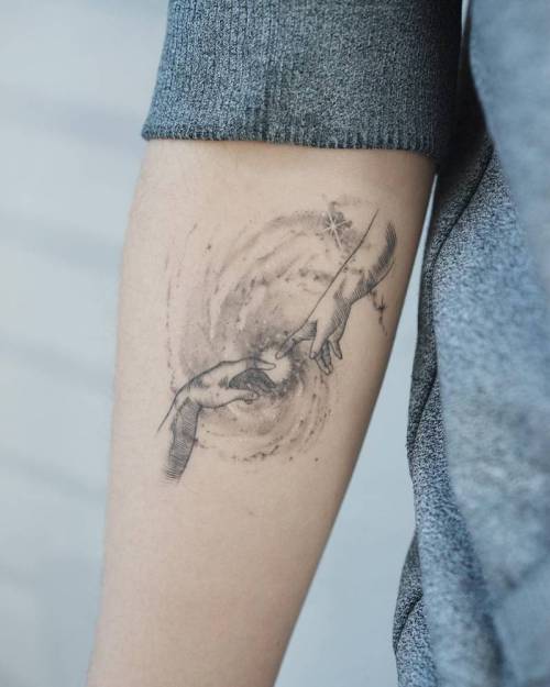 Tattoo tagged with: healed, art, small, anatomy, tiny, michelangelo,  little, forearm, soltattoo, medium size, other, the creation of adam, hand,  fine line 