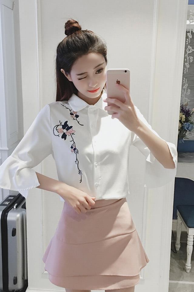 shirt, flamenco shirt, lapel, chiffon, embroidery, flowers, korean version