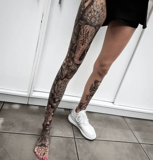 Tattoo tagged with: dots, foot, leg, elephant, mandala, knee, thigh, line,  blackw 