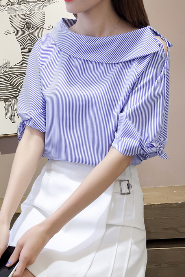 striped shirt, a collar, bow, loose, korean version