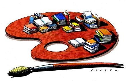 Paleta de libros de todos los colores. Pintando la lectura (ilustración de Selçuk Demirel)