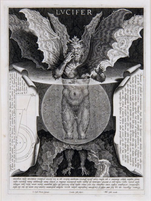 LVCIFER
Engraving made by Cornelis Galle I, After Lodovico Cigoli, Belgium, 1591-1650. Lettered extensively around image with excerpts of Dante’s Divina Comedia.
“•  The name Lucifer originally denotes the planet Venus, emphasizing its brilliance....