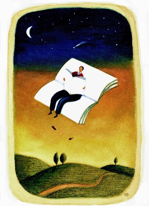 Un buen lector siempre está sumergido en los libros (ilustración de Mariusz Stawarski)