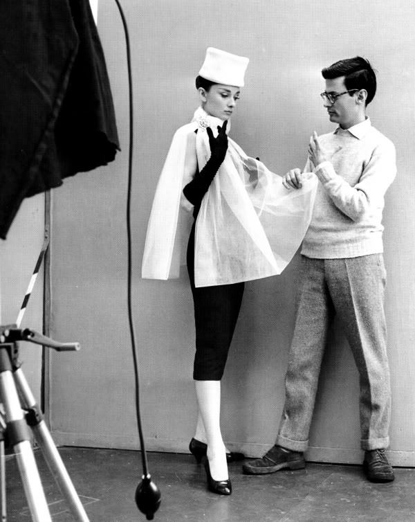 Audrey Hepburn and Richard Avedon behind the scenes of a Givenchy photoshoot.
