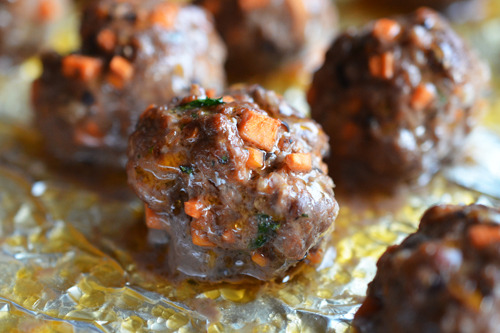 A closeup of the paleo Asian Meatballs fresh out of the oven.