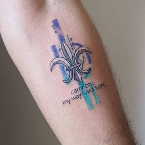 Tattoo tagged with: small, heraldic, kansas, graphic, tiny, ifttt, little,  music band, english, inner forearm, medium size, quotes, barisyesilbas,  music, english tattoo quotes, carry on my wayward son, fleur de lis,  languages |