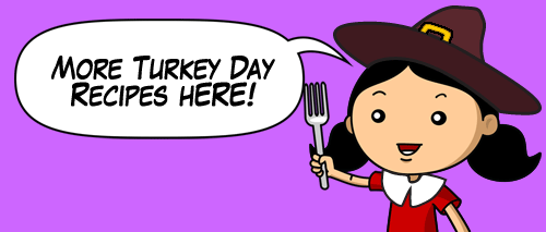 A cartoon version of Michelle Tam in a Thanksgiving pilgrim outfit with a text bubble saying, "More Turkey Day Recipes Here!"