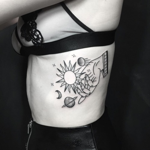 Tattoo tagged with: dots, moon, rib, handshake, star, sun, planets |  