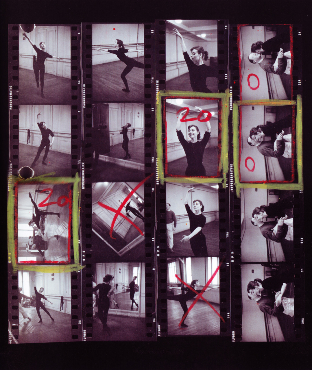 Film strips of Audrey Hepburn at a dance rehearsal for the movie Funny Face, 1956.