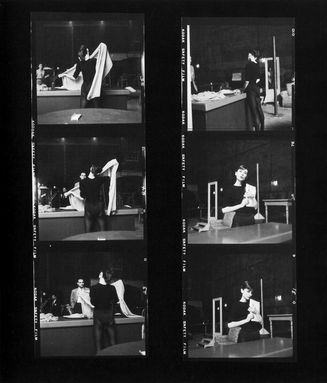 Film strips of Audrey Hepburn at a rehearsal performing How Long Has This Been Going On? for the movie Funny Face, 1956.